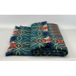 WELSH WOOLLEN BLANKET - double sided geometric pattern in green, blue, purple and red, fringed to