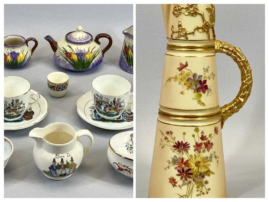 A LONGPARK TORQUAY EARTHENWARE 4 PIECE TEA SERVICE - painted with crocus, teapot 11cms H, china