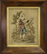 19TH CENTURY NEEDLEWORK TAPESTRY - a standing musician playing a mandolin, in a rosewood frame, 61 x