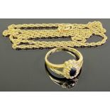 9CT GOLD JEWELLERY ITEMS (2) - to include a blue sapphire and diamond set ring, 7 x 5mm central