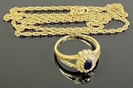 9CT GOLD JEWELLERY ITEMS (2) - to include a blue sapphire and diamond set ring, 7 x 5mm central