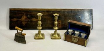 VICTORIAN WALNUT DOME TOP INK STAND - with riveted gilded brass bands, shield shaped escutcheon