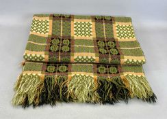 WELSH WOOLLEN BLANKET - double sided in green, black and white, fringed to two ends, 224 x 140cms