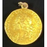 GEORGE II GOLD SPADE GUINEA-1752 the 17 rubbed, hanging loop attached, 2.5cms diameter,8.1g