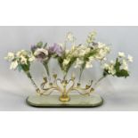 VICTORIAN EPERGNE - oval mirrored stand with gilded floral design arms holding five glass trumpet