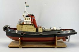 SCALE MODEL TUG BOAT - Dragon with red and black funnel, cream bridge, black and red hull, with