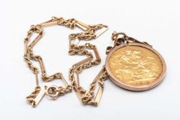 GEORGE V GOLD SOVEREIGN, 1912, in 9ct gold scroll pendant mount on 9ct gold chain, 15.0gms