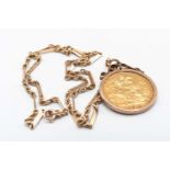 GEORGE V GOLD SOVEREIGN, 1912, in 9ct gold scroll pendant mount on 9ct gold chain, 15.0gms