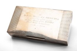 ELIZABETH II SILVER CIGARETTE BOX, Mappin & Webb, London 1953, engraved, 14cm wide.