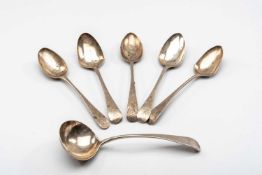 ASSORTED GEORGIAN SILVER SPOONS, to include five dessert spoons and a sauce ladle, various