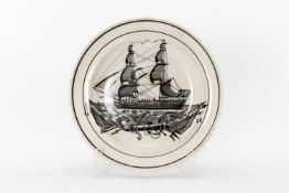 SWANSEA DILLWYN POTTERY SHIP PLATE in monochrome with sailing ship and maritime objects,