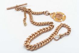 9CT GOLD GRADUATED CURBLINK ALBERT CHAIN, with T-bar, fob with blank cartouche, 38.5cm, wt. 72.73g