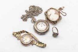 ASSORTED JEWELLERY & WATCHES comprising carved cameo brooch, 9ct gold ladies wristwatch, silver