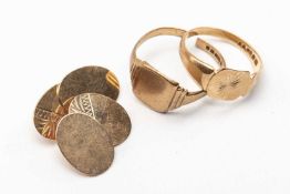 9CT GOLD JEWELLERY comprising pair of cufflinks and two signet rings, 8.5gms gross (4) Provenance: