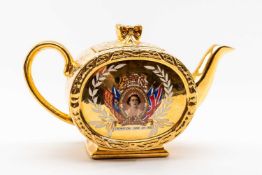 SCARCE SADLER 1937 QEII CORONATION TEAPOT & COVER, oval form, bow knop to cover, gilt vermicelli