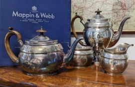 ELIZABETH II FOUR PIECE SILVER TEA SET, comprising teapot, pedestal pot, cream jug and sucrier, oval