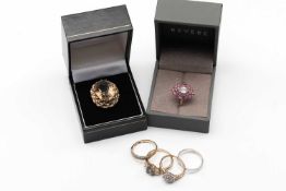 COLLECTION OF RINGS, comprising smokey quartz in 9ct gold mount, coloured gem set ring, umarked, 9ct