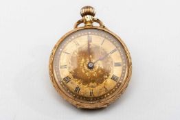 18K GOLD FANCY FOB WATCH, scroll and foliate engraved, Roman numerals, 26.9gms Provenance: