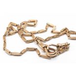 9CT GOLD TROMBONE LINK CHAIN, terminating with two Albert open swivel rings, 35.5cms long, 8.3gms