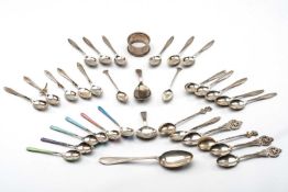 ASSORTED SILVER SPOONS, including set of 6 colour enamelled coffee spoons (some chipped), set of