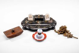 ASSORTED WRITING ANTIQUES, comprising Victorian papier-mâché inkstand dish with mother of pearl