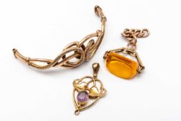 GOLD JEWELLERY comprising part 9ct gold scroll bangle, 9ct gold amethyst pendant and a 9ct gold