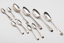 FOUR GEORGIAN TABLESPOONS, comprising two hanovarian pattern spoons with monogrammed handles,