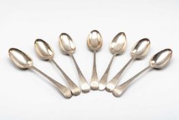 ANTIQUE SILVER SERVING / TABLE SPOONS comprising matched set of six bright cut engraved spoons,