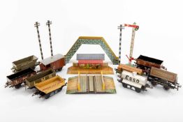 ASSORTED HORNBY O GAUGE TINPLATE ROLLING STOCK, comprising pre-war Sir Robert McAlpine & Sons rotary