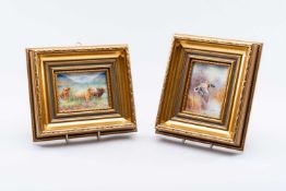 TWO PAINTED PORCELAIN PLAQUES, by ex-Worcester artist Ray Poole, of mallard and highland cattle,