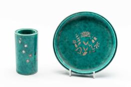 WILHELM KAGE FOR GUSTAVSBERG 'ARGENTA' WARE POTTERY, comprising dish with chrysanthemum and bell