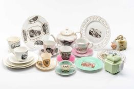 ASSORTED SOUVENIR TEAWARES, including moustache cup, various teapots, Piglet and Gladstone money