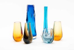 WHITEFRIARS STUDIO GLASS, comprising two amber teardrop vases 13cm h, smoky grey vase similar 13.5cm