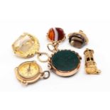 VARIOUS SWIVEL FOBS, to include two quartz, stamped '375', one bloodstone, unmarked, one banded