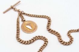 9CT GOLD GRADUATED CURBLINK ALBERT CHAIN, with T-bar and fob with blank cartouche, 37cm long, wt.