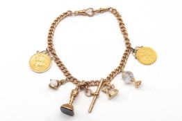 9CT GOLD CURB LINK ALBERT CHAIN, T-bar, with attachments including Victorian 1876 gold sovereign,