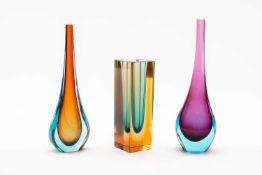 MURANO SOMMERSO STUDIO GLASS, comprising two slender bottle vases in blue/purple 21cm h, and blue/