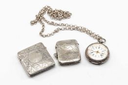 ASSORTED SILVER comprising two silver engraved vesta cases, silver fob watch with enamel face on