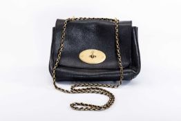 BLACK LEATHER HANDBAG, bears 'Mulberry' label with brass clasps and leather and brass strap,