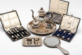 ASSORTED WHITE METAL SILVER & PLATE, including Arabic tea set and tray, three boxed sets of flatware