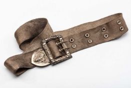 UNMARKED INDIAN WOVEN WHITE METAL THREAD BELT, engraved with Hindu deities on buckle and end tip,