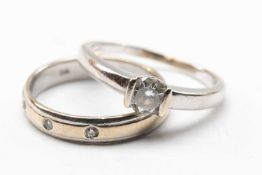 MODERN WHITE GOLD & DIAMOND ENGAGEMENT RING AND WEDDING BAND, comprising solitaire diamond ring in