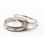 MODERN WHITE GOLD & DIAMOND ENGAGEMENT RING AND WEDDING BAND, comprising solitaire diamond ring in