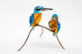 SWAROVSKI CRYSTAL MODEL OF PAIR KINGFISHERS, perched on a branch, coloured glass and metal detail,