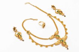 INDIAN YELLOW GOLD PARURE comprising enamel set headdress (maang tikka), pair of matching earrings