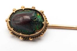 VICTORIAN SCARAB BEETLE TIE / STICK PIN, yellow metal, unmarked, 2.6gms, in Toye, Kenning &