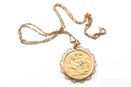 1889 GOLD SOVEREIGN IN 9CT GOLD PENDANT FRAME & CHAIN, overall gross weight approx 10.5g