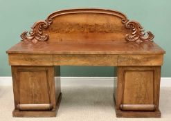 GOOD LARGE VICTORIAN MAHOGANY TWIN PEDESTAL SIDEBOARD - the arched raised back with scrolled