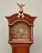 GOOD SLENDER MAHOGANY LONGCASE GRANDMOTHER CLOCK - the hood with arched broken pediment and brass