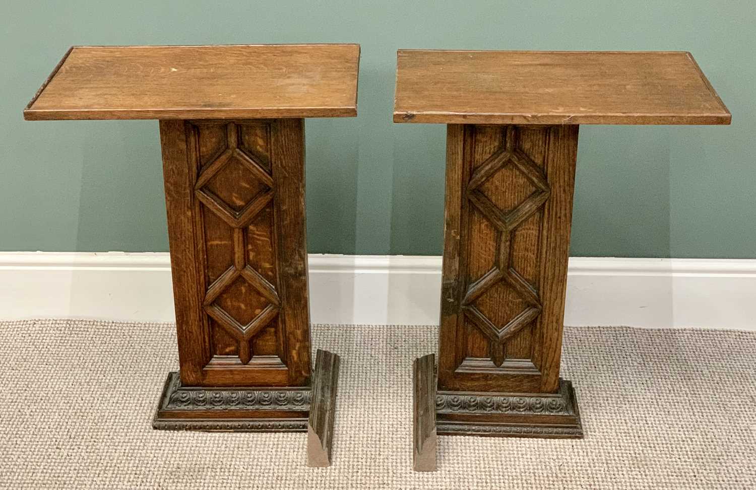 OAK SIDE TABLES - a pair, rectangular tops and columns with geometric moulding detail, on carved - Image 2 of 2